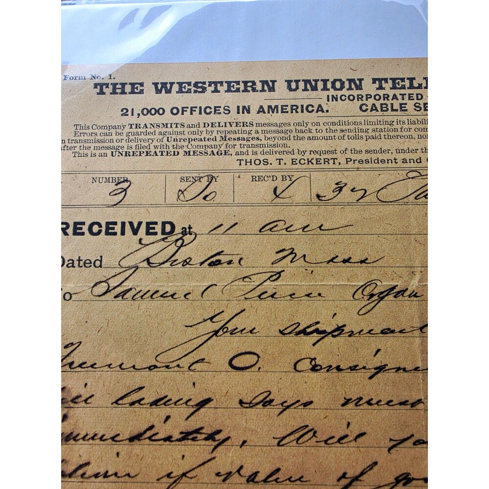 1898 Western Union Telegram Samuel Pierce Organ Pipe Co Reading MA Antique